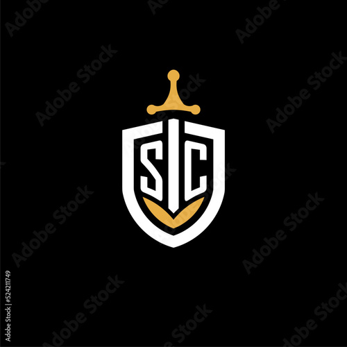 Creative letter SC logo gaming esport with shield and sword design ideas