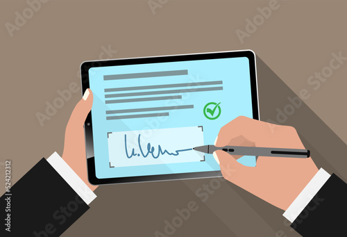 electronic signature with stylus on tablet computer touchscreen, vector illustration