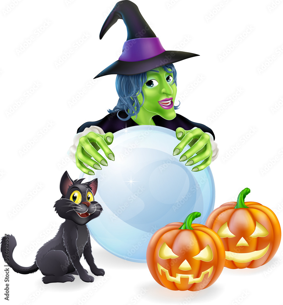 Witch cat pumpkins and crystal ball