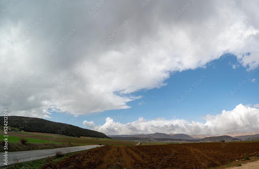 Panoramic view on agricultural valley Zafarraya with fertile soils for growing of vegetables, green lettuce salad, cabbage, artichokes, Andalusia, Spain