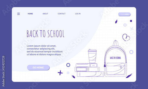 Web banner template for landing page and mobile app development with hand drawn doodle style books, cup of coffee, backpack and school notebook background. Back to school or school education concept.