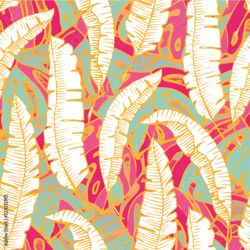 Summer Floral Vector Seamless Pattern with Tropic Palm Leaves. Hawaiian Vintage Print. Trendy Tropical Nature Background.