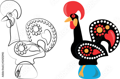 Galo de Barcelos. Portuguese rooster vector illustration icon in colors and black line art.