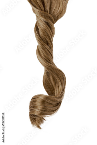 Long brown curly hair on white background. A part of blond hair for design.