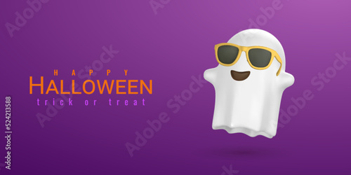 Happy Halloween creative banner. Cute cartoon 3d Halloween ghost with yellow sunglasses. Halloween concept. Vector illustration