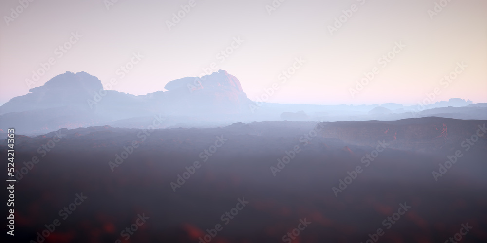 Arid rocky desolate landscape in mist. 3D render.