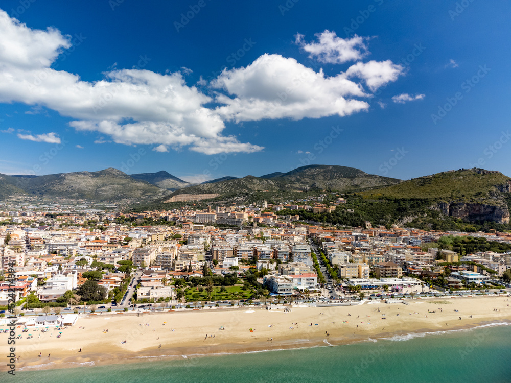 Aerial view on Terracina, summer vacation destination on Tyrrhenien sea with sandy beaches and old houses