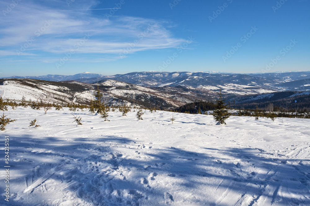 Panoramic Silesian Beskid Mountains view near Bialy Krzyz in Poland