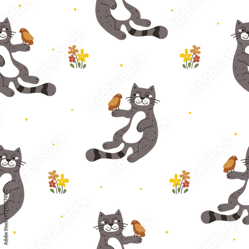 Seamless vector pattern with a cunning cat and a bird. Vector background for ...