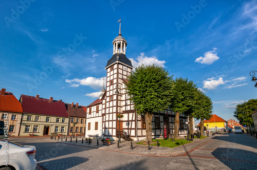 Town hall with a half-timbered structure from 1697. Nowe Warpno, West Pomeranian Voivodeship, Poland.