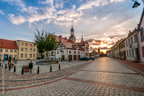 Tenement houses at the Victory Square. Nowe Warpno, West Pomeranian Voivodeship, Poland.