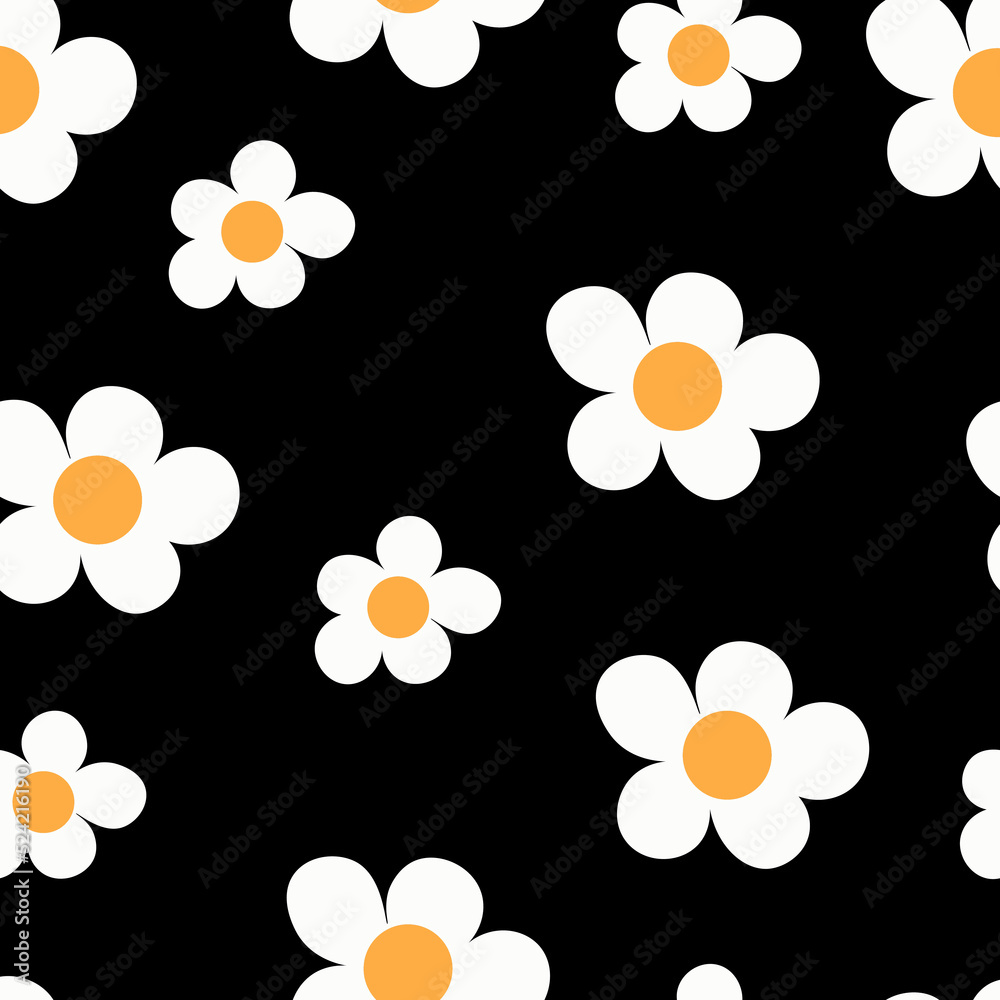 Seamless texture pattern chamomile flower. Black background. Textile print. Vector image. Seamless texture pattern chamomile flower. Black background. Textile print. Vector image.