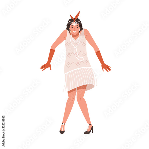 Funny 1920s dancer woman dancing charleston at 20s Broadway party. Happy flapper girl in retro fashion dress, accessories of 30s style. Flat graphic vector illustration isolated on white background