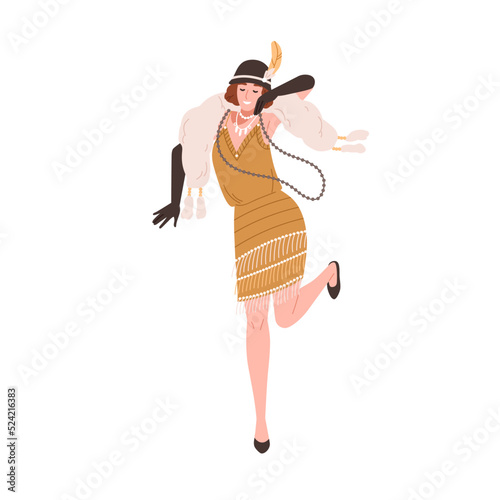 Woman dancer of 1920s Broadway party. Funny 20s girl dancing charleston in retro fashion dress, necklace, hat. Lady swinging to music. Flat graphic vector illustration isolated on white background