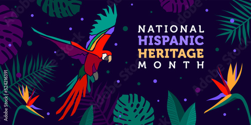Vector web banner. Hispanic heritage month. Poster, card for social media, networks. Greeting with national Hispanic heritage month text on tropical pattern background. Multicoloured parakeet, parrot.