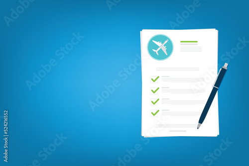 Flight insurance document. Airlines risk safety assurance agreement, checklist. Airplane travel coverage protection.