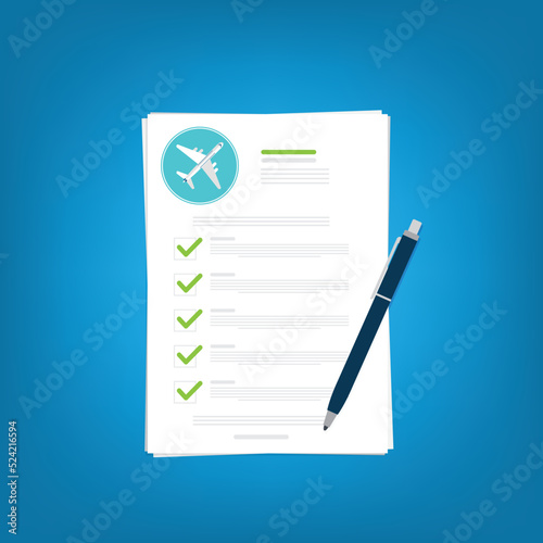 Flight insurance document. Airlines risk safety assurance agreement, checklist. Airplane travel coverage protection.