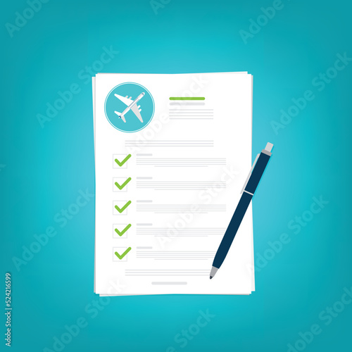 Flight insurance document. Airlines risk safety assurance agreement, checklist. Airplane travel coverage protection.