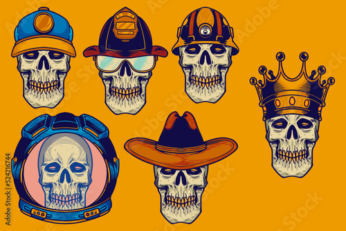 various skull and head gear vector illustration set cartoon style