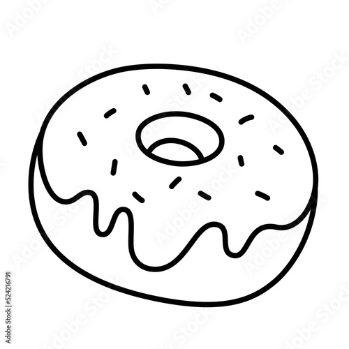 Donut doodle icon, vector doodle illustration of a donut with icing and sprinkles, sweet bakery product for a snack and breakfast, isolated outline clipart on white background