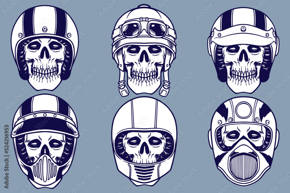 various skull using helmet vector illustration set monochrome style