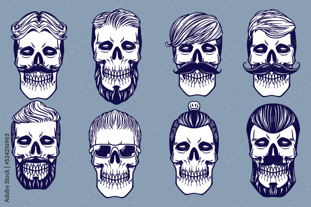 various skull's hair vector illustration set monochrome style
