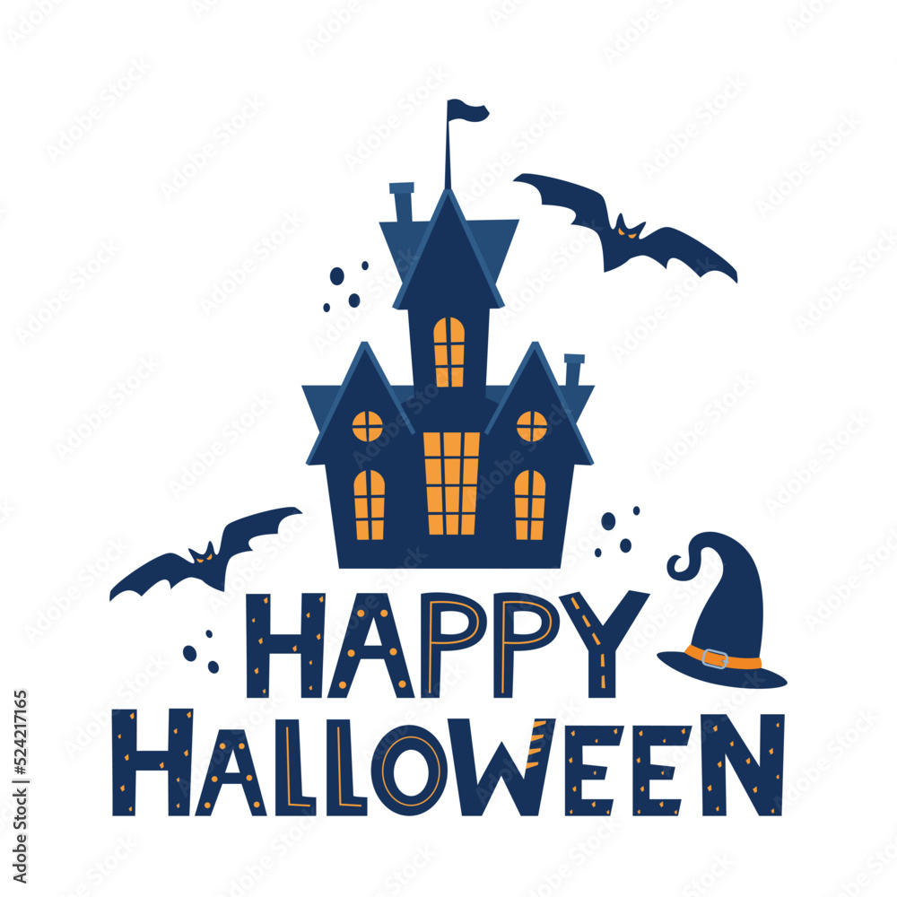 Happy Halloween lettering with traditional halloween design elements, castle, bat, witch hat. Holiday calligraphy for banner, poster, greeting card, party invitation. Vector illustration.