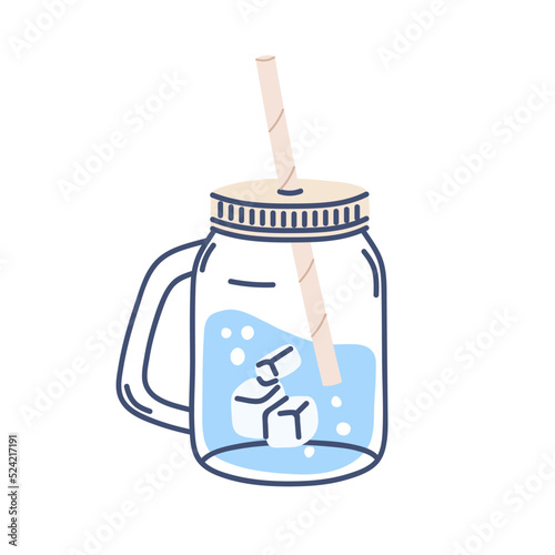 Water in jar glass with lid, handle. Clean cold fresh sparkling aqua drink with ice cubes in closed cup. Clear carbonated beverage. Flat graphic vector illustration isolated on white background