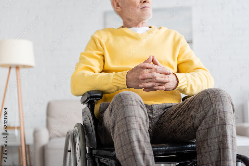 Cropped view of pensioner sitting in wheelchair at home. Cropped view of pensioner sitting in wheelchair at home.