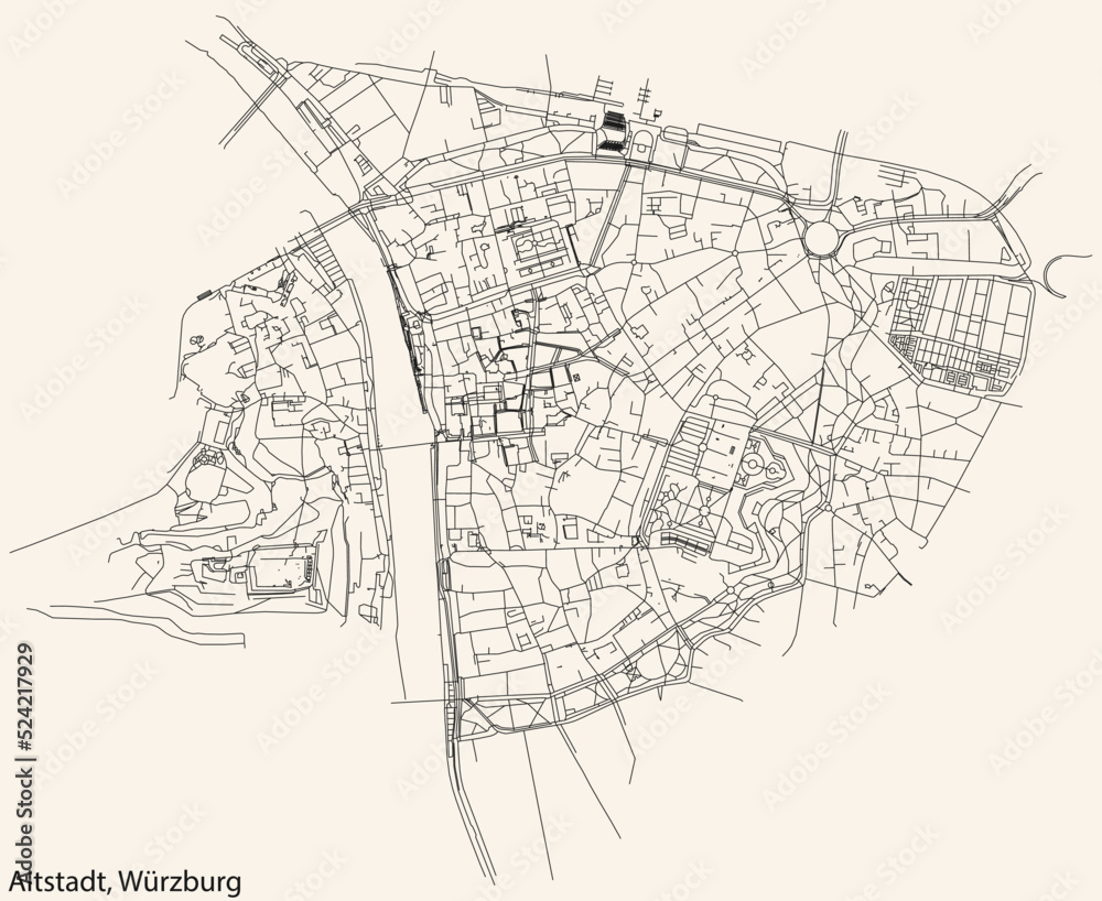 Detailed navigation black lines urban street roads map of the ALTSTADT DISTRICT of the German regional capital city of Würzburg, Germany on vintage beige background