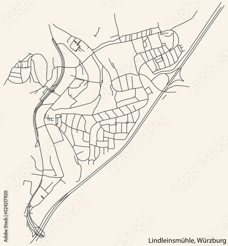 Detailed navigation black lines urban street roads map of the LINDLEINSM  HLE DISTRICT of the German regional capital city of W  rzburg  Germany on vintage beige background