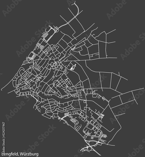 Detailed negative navigation white lines urban street roads map of the LENGFELD DISTRICT of the German regional capital city of Würzburg, Germany on dark gray background