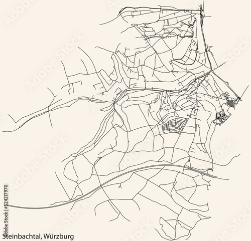Detailed navigation black lines urban street roads map of the STEINBACHTAL DISTRICT of the German regional capital city of W  rzburg  Germany on vintage beige background