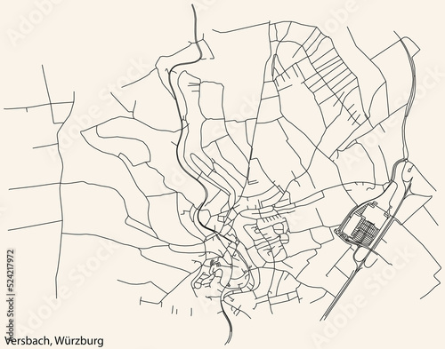 Detailed navigation black lines urban street roads map of the VERSBACH DISTRICT of the German regional capital city of W  rzburg  Germany on vintage beige background