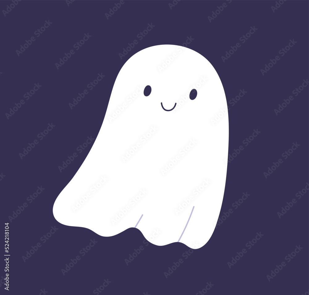 Cute Halloween ghost with happy smiling face. Funny childish boo character floating. Magic baby phantom, spook, spirit with cheerful expression, positive emotion. Isolated flat vector illustration Cute Halloween ghost with happy smiling face. Funny childish boo character floating. Magic baby phantom, spook, spirit with cheerful expression, positive emotion. Isolated flat vector illustration