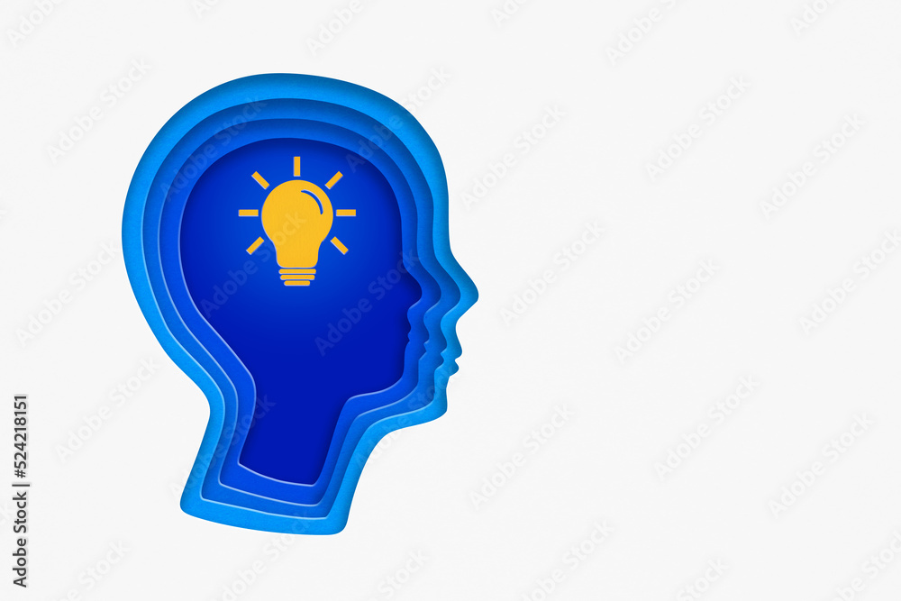 for thinking mind, smart idea, brainstorming concept, brighten yellow lightbulb inside man's head. Paper cut style for thinking mind, smart idea, brainstorming concept, brighten yellow lightbulb inside man's head. Paper cut style