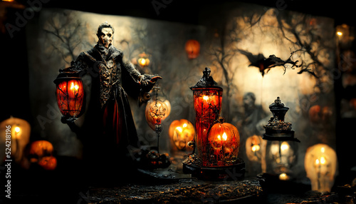 illustration of lantern with pumpkins.realistic halloween festival illustration. Halloween night pictures for wall paper.3D illustration.Use digital paint blurring techniques.