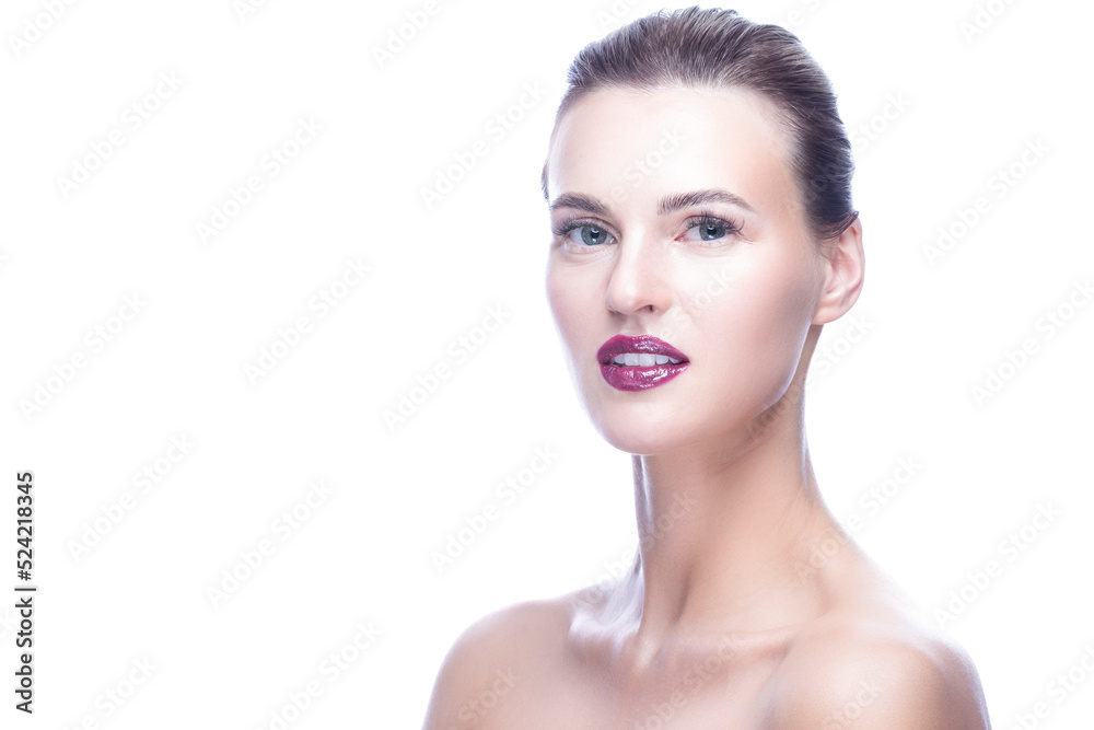 Beauty Portrait of Calm and Tranquil Caucasian Brunette Woman with Fresh Clean Skin for Health Facial Therapy, Cosmetology, Beauty and Spa. Beauty Portrait of Calm and Tranquil Caucasian Brunette Woman with Fresh Clean Skin for Health Facial Therapy, Cosmetology, Beauty and Spa.