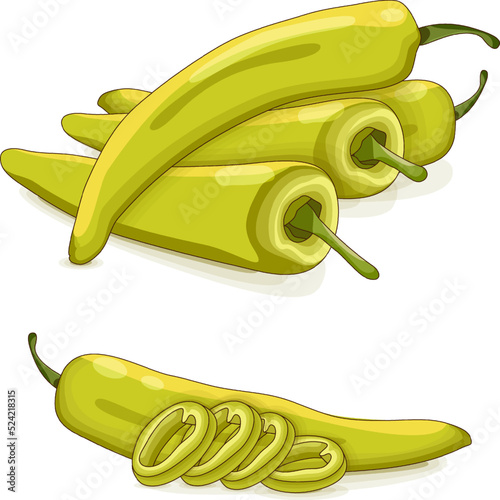 Whole, and slices of Banana Pepper for banners, social media. Yellow wax pepper. Banana chili pepper. Capsicum annuum. Cartoon style. Vegetables. Vector illustration isolated on white background.