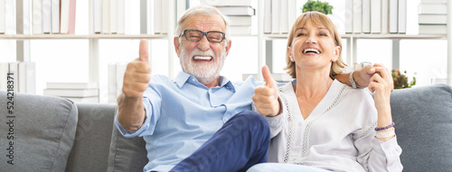 Bilde på lerret Happy senior couple family, caucasian mature, adult lover or retired man, woman show thumbs up, embracing, hugging make romantic, empathy on sofa at home together