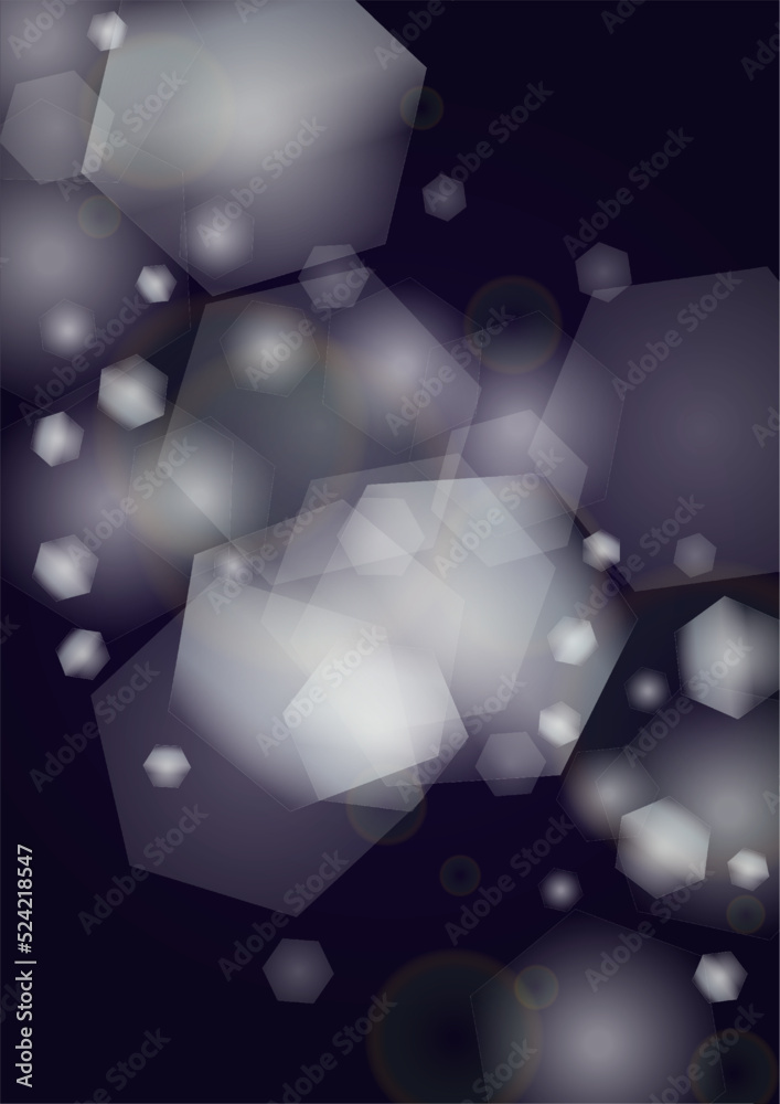 Fototapeta premium Vector Magical Glowing Background with Silver and Purple Falling Hexagon Snowflakes on Black. Falling Snow. Glittery Confetti Frame. Cosmic Bokeh Light. Christmas and New Year Poster. Winter Sky..