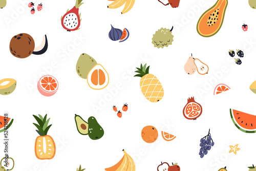 Seamless mixed fruit background. Repeating tropical colorful pattern, print. Exotic summer texture design with sweet natural food. Colored flat graphic vector illustration for fabric, wrapping, decor