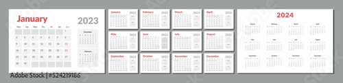 2023-2024 Calendar Planner Template. Vector layout of a wall or desk simple calendar with week start monday. Calendar grid in grey color for print