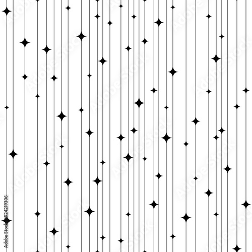Seamless pattern. Black star and line on white background. Repeated stripe pattern. Abstract vertical backdrop. Repeating sparkles design for prints. Monochrome lattice wallpaper. Vector illustration