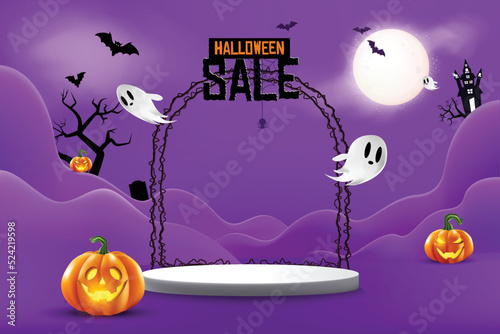 Halloween background design with product display, podium and Festive Elements Halloween.