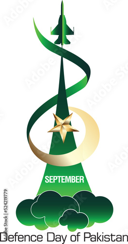 6th September. Happy Defence Day with number 6 and Pakistan Air Force Aircraft with star and moon