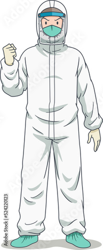 Cartoon character of doctor in safety protective clothing. 