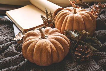 Cozy autumn still life with pumpkins, knitted woolen sweater and books on windowsill. Autumn home decor. Cozy fall mood. Autumn reading. Thanksgiving. Halloween.