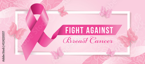fight against text on pink ribbon sign and Breast cancer text in white frame with butterfly around on soft pink background with line rose texture vector Design