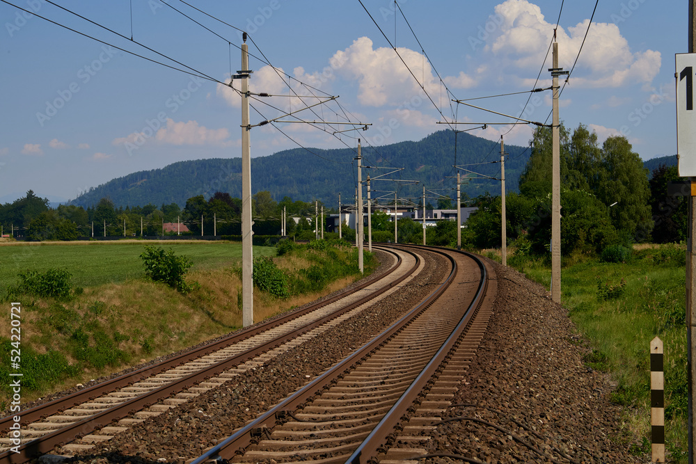 Landscape with railroad, blue sky in summer. Transportation Landscape with railroad, blue sky in summer. Transportation